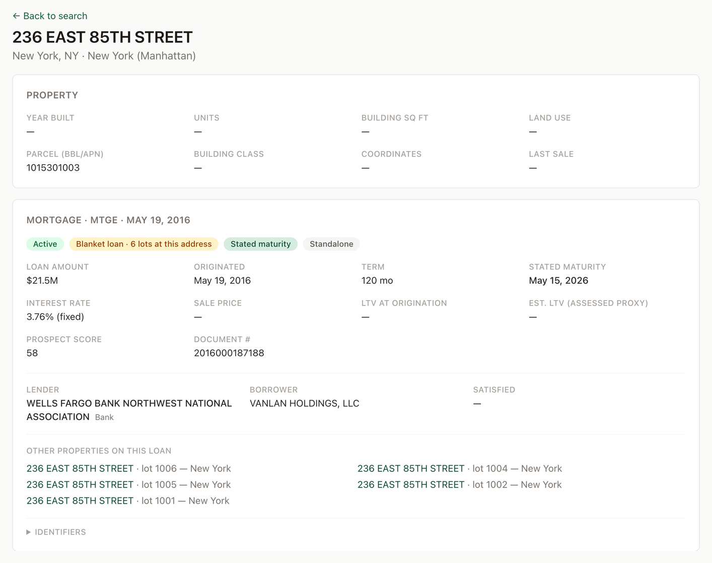 A Circlemark property page: a $21.5M Wells Fargo mortgage marked Active and Stated maturity, showing maturity May 15, 2026 and a 3.76% fixed rate read from the recorded instrument, the document number, and the other tax lots on the loan